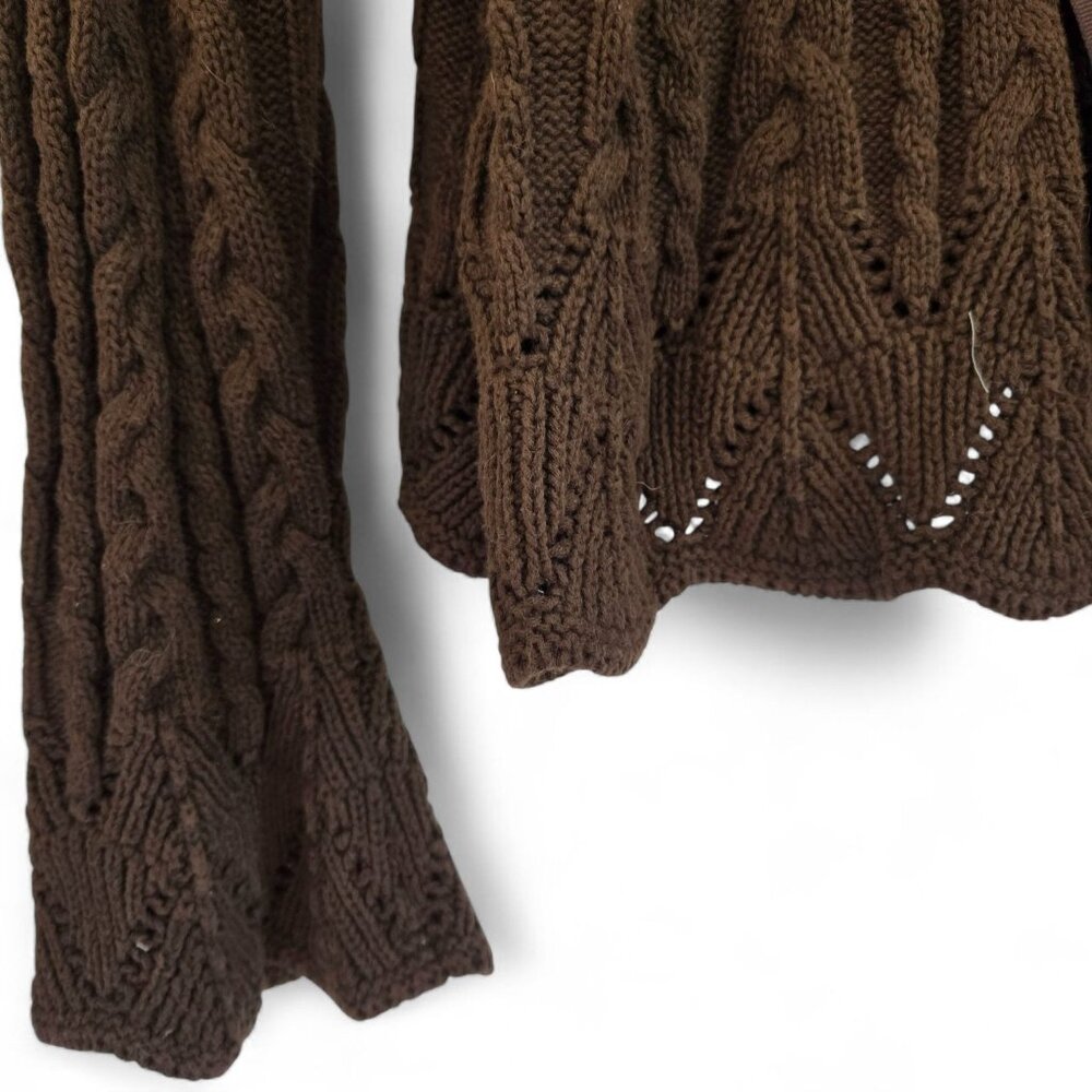 Chaps Cable Knit Brown Cardigan Sweater Large Ribbon Tie Waist Eyelet Cuffs - Picture 5 of 11